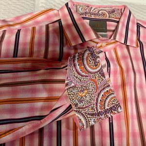 Thomas Dean Designer Dress Shirt,Paisley Flip Cuff, Striped,Long Slv,Mens XXL